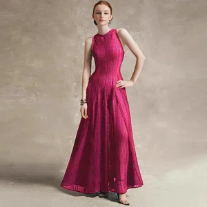 AELESEEN Elegant Dress O-neck Sleeveless A-line Pleated Wide Flare Hem Women's Evening Party Slim Dresses 2026 Spring Summer New