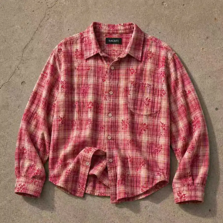 OEM Custom Mens Casual Shirts Vintage Plaid Flannel Washed Floral Pattern Button up Loose Fit Streetwear Men Long Sleeve Shirt