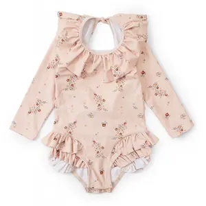 Hot Sale Girls Cute One Piece Floral Printed Anti-UV Eco-Friendly Waterproof Swimdress with Bowknot for Children