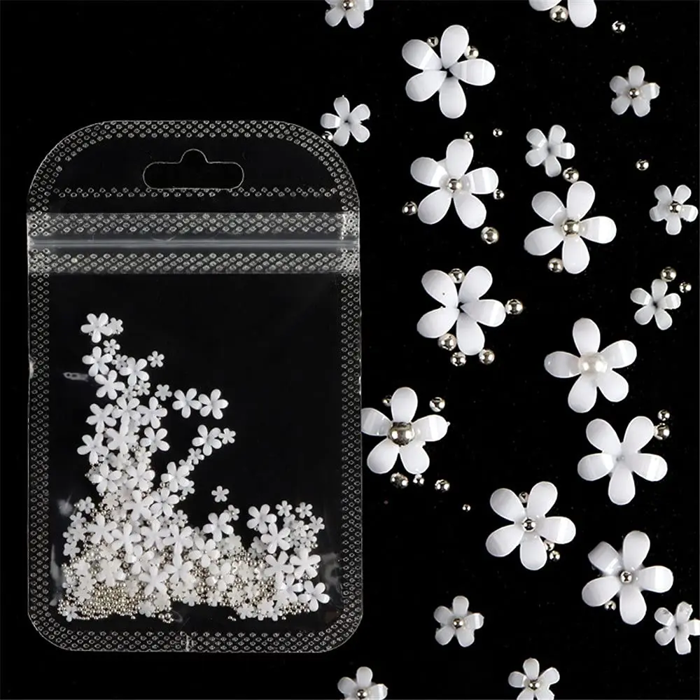 White Pink 3d Acrylic Flower Nail Charms With Pearl Golden Caviar