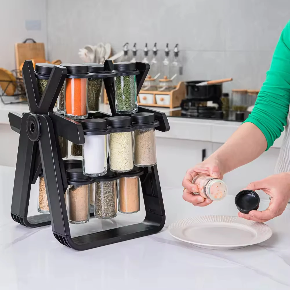 Hot Sale Multifunctional Rotating Spice Rack With 18 Glass Jars Revolving Bottle Organizer - Seasoning Organize Set for Kitchen