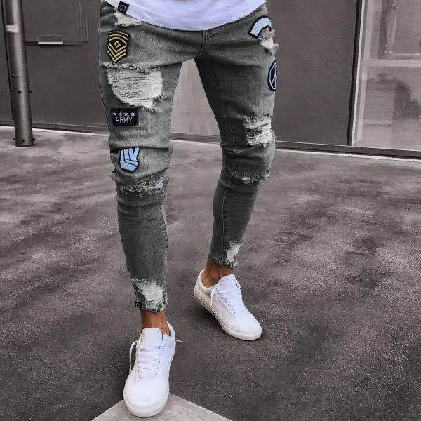 Calça jeans bordada personalizada, calça jeans masculina skinny com arranhão
