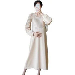 Women's Spring and Autumn Long Knitted Maternity Dress Plus Size Over-the-Knee Sweater Dress with Loose Base New Design