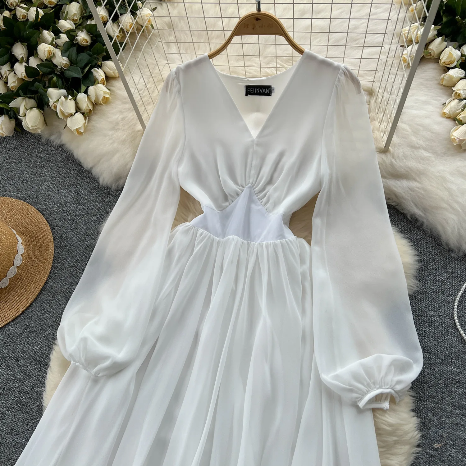 Casual White Puff Long Sleeve V Neck Chiffon Midi Dress for Women|  Alibaba.com