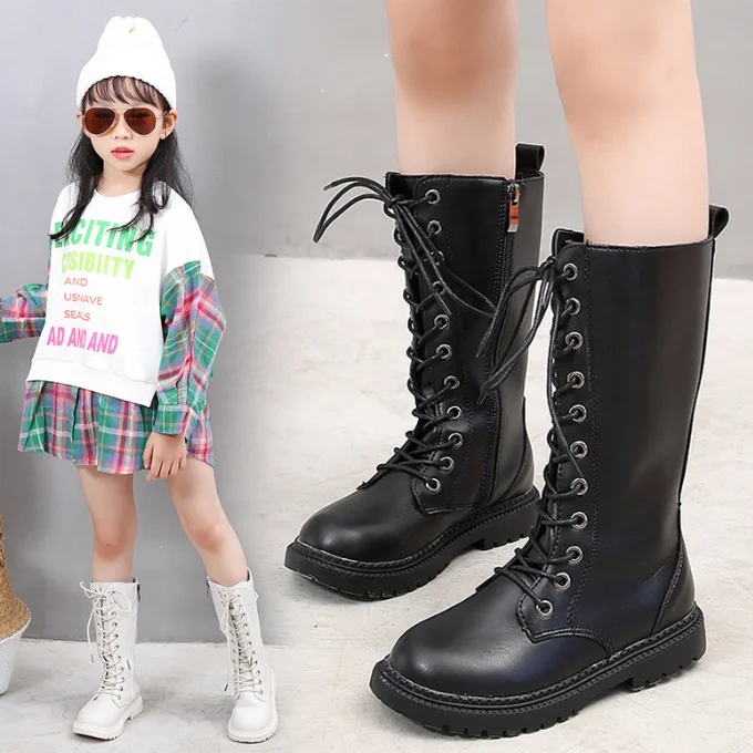 RT1234 модные зимние сапоги для девочек, теплые плюшевые сапоги до колена для девочек, кожаные сапоги