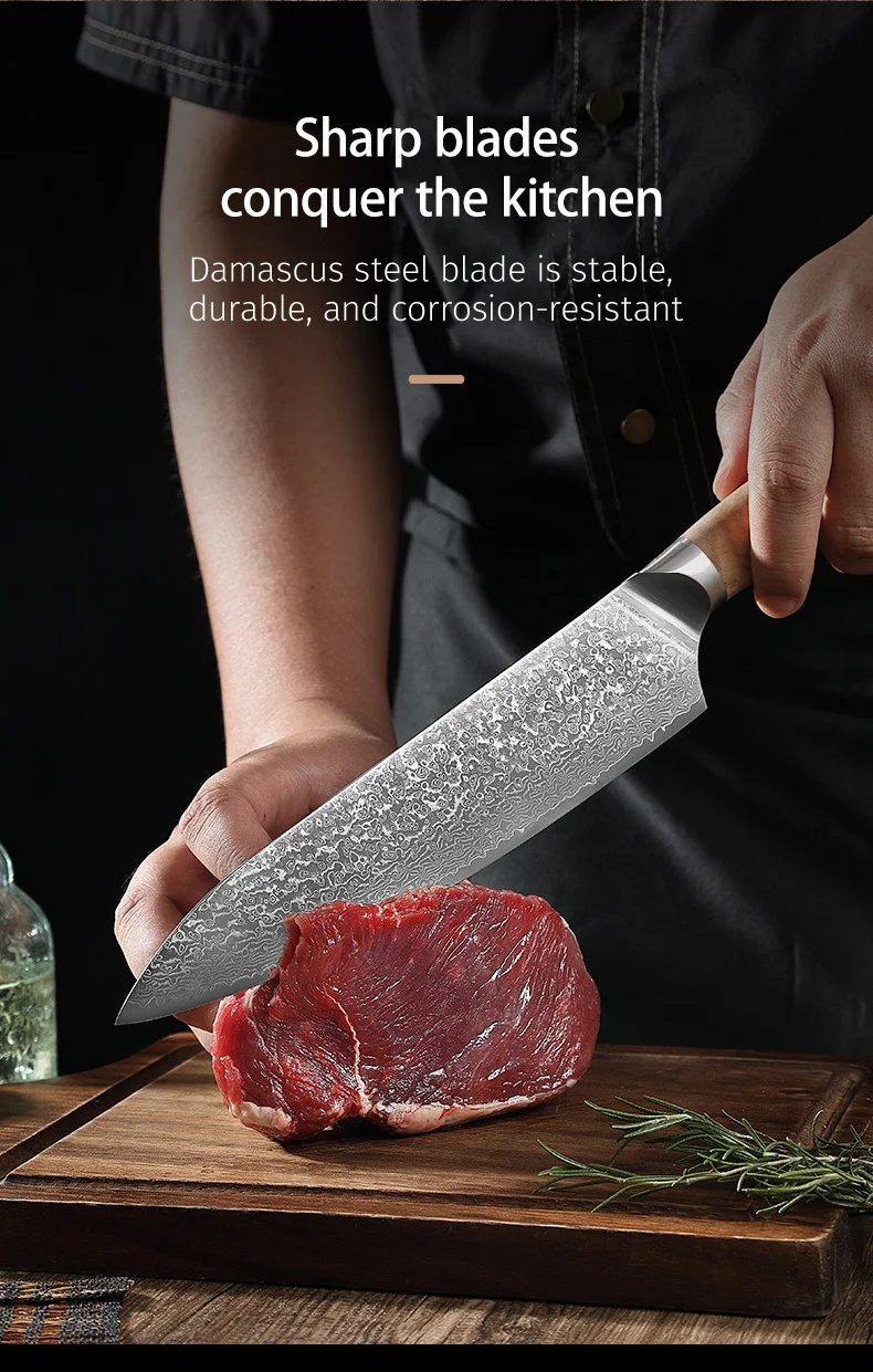 JJ 7 PCs Set 67 Layers Damascus 10Cr15Mov Core Steel Kitchen Knife Set with Olive Wood Handle Custom Stainless Steel Knife Set