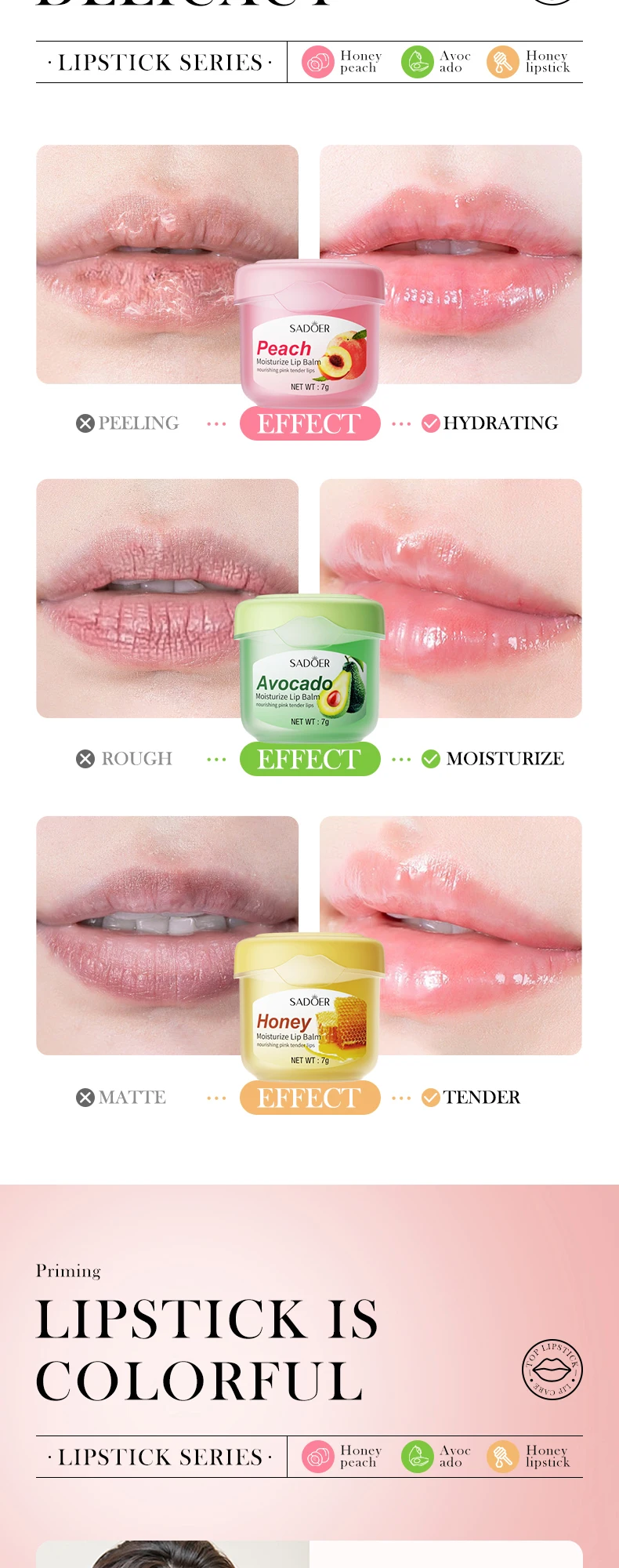 SADOER honey avocado peach moisturizing anti drying lightening lip lines exfoliating lip balm details