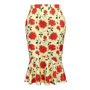 AM040905 Classy Yellow Red Flower Print Pencil Skirts Casual Elegant Mermaid Midi Skirt Plus Size