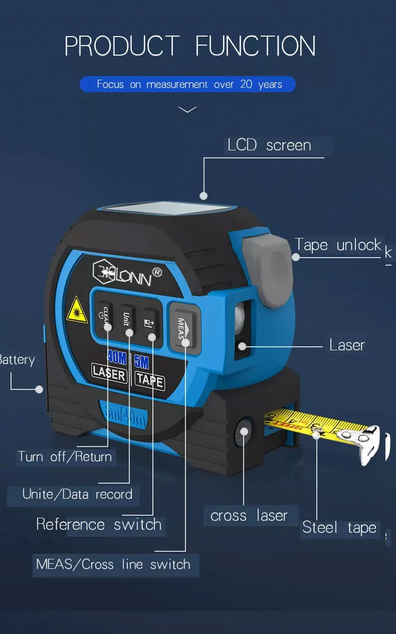 Laser Distance Meter 3 in 1 with 5mTape 40m/60m Laser Measure & Laser Cross