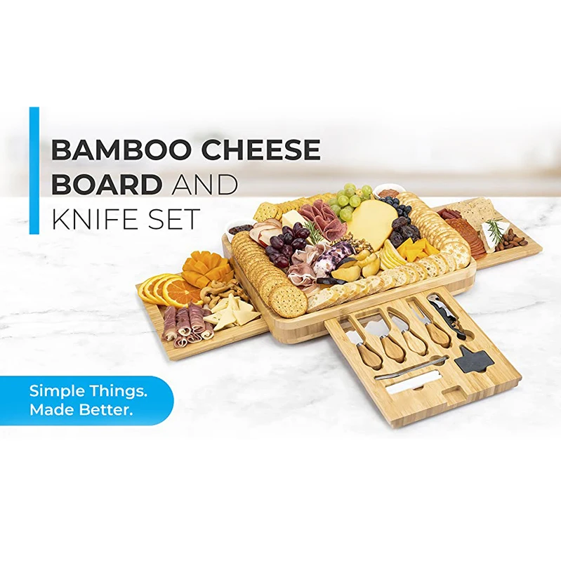 Premium Bamboo Cheese Cutting Board Knife Set Cheese Platter Tray ...