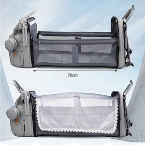 New Mommy Backpack with Crib Hanging Arch Anti-Mosquito Changing Diaper Mat Backpack Sunshade USB Port Laptop Backpack Mommy Bag