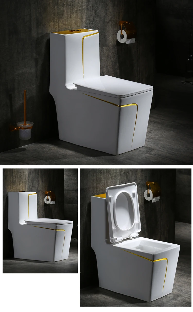 Luxury modern design white and gold line color square water closet bathroom wc one piece ceramic sanitary ware toilet bowl details