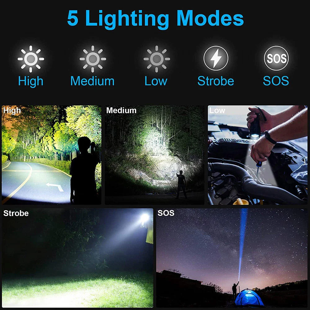 6000 High Lumen Tactical Flashlight XHP50 LED USB Rechargeable Zoomable Waterproof 5 Modes Hiking Emergency Outdoor Flashlights