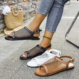 Large Size Casual Flat Lady Fish Mouth Mesh Sandals Plus Size Women's Flat Back Strap Sandal Fashion Trend Ladies Shoes