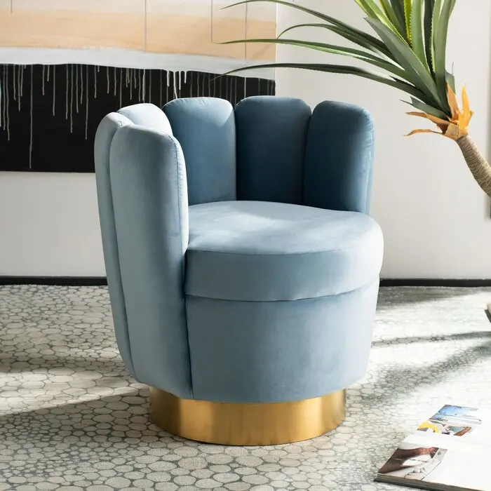 New Design Living Room Furniture Stainless Steel Golden Base Velvet Tufted Sofa Chair Swivel Barrel Chair High Back Chair