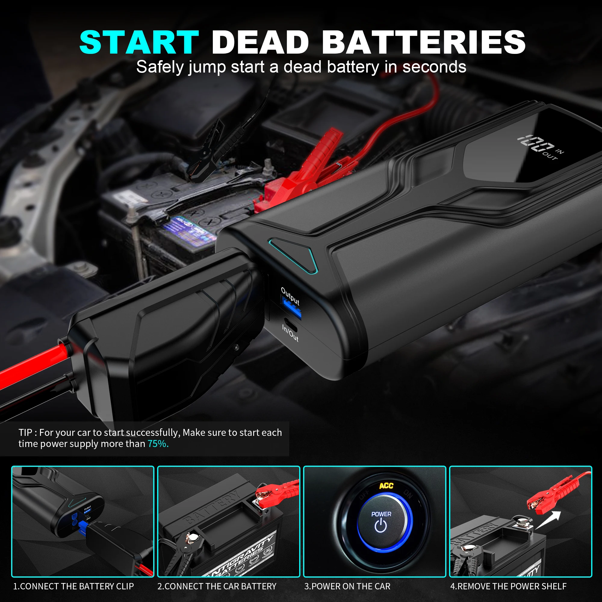 High Performance 12V Car Jump Starter Power Pack Digital Display SOS Light Power Bank for Motorcycle Truck Cold Weather Quick