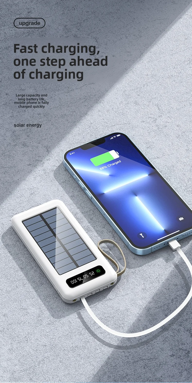 Top-Rated Portable Solar Power Bank with LED Display 4 Built-In Charging Cables LI-Polymer Battery-Best Seller