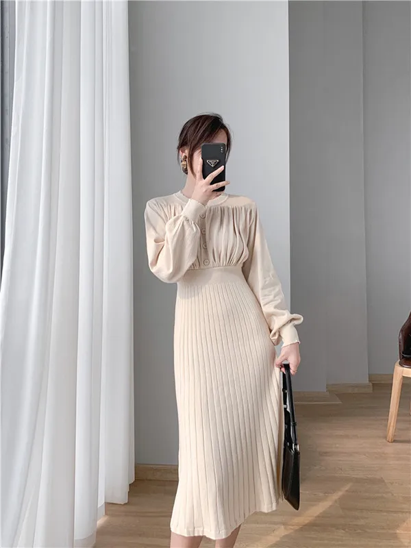 My212 New 2021 Basic Solid Color O Neck Long Sleeve Knit Dress Women ...