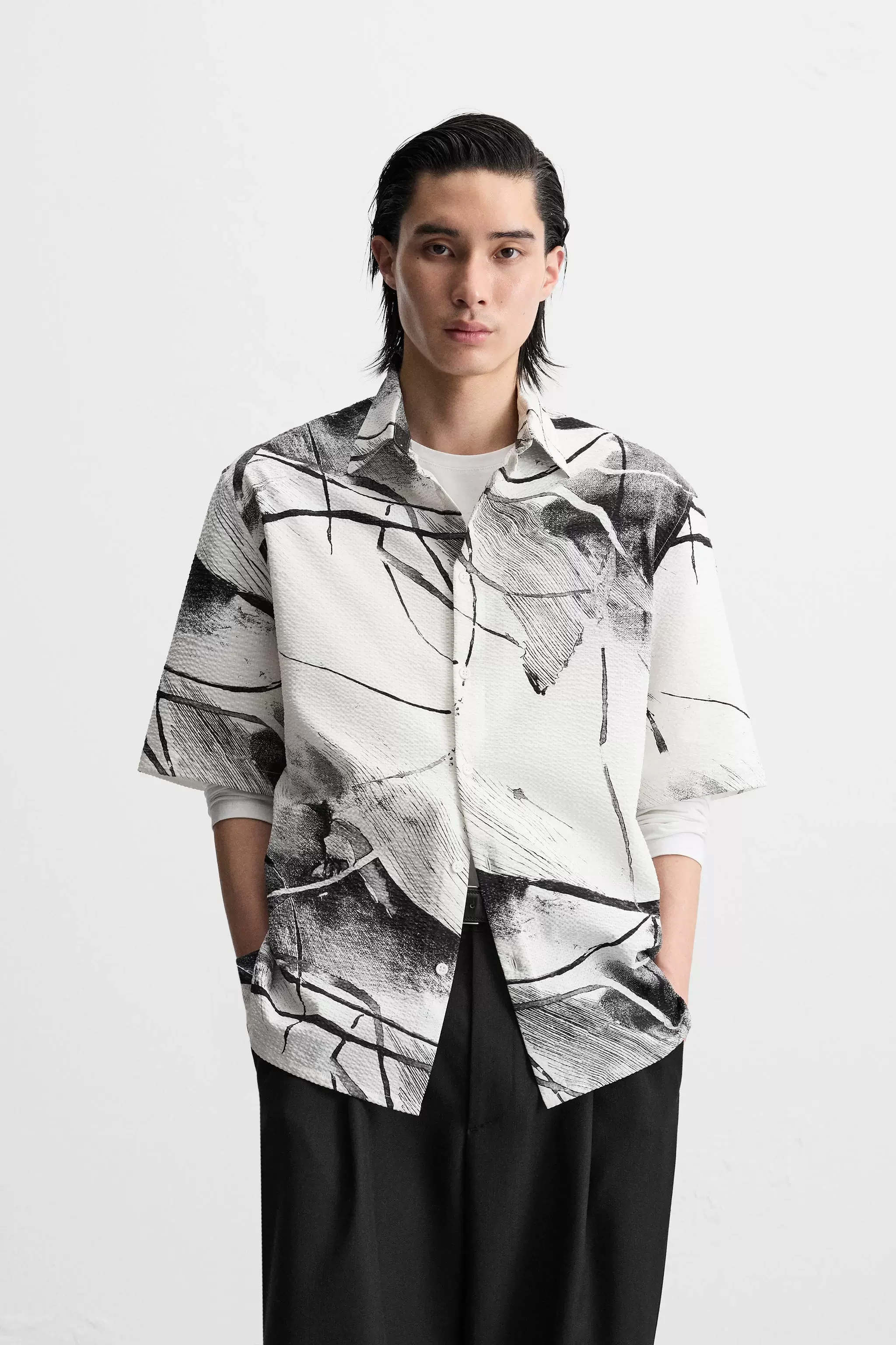 TAOP&ZA 2025 Summer Men's New Fashion Loose Cool Print Button-down Closed Lapel Short-sleeved Shirt 7380554
