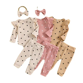 Autumn Girls clothing set Love Printed Waffle Long Sleeve Romper fall infant cute knit set baby clothes Headband Three Piece Set