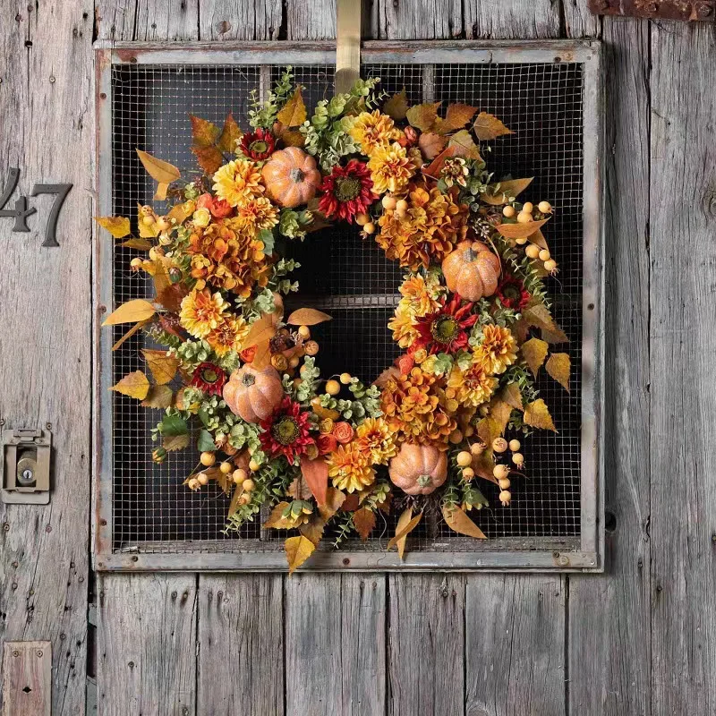 Front Door 21 Inch DIY Fall Harvest Hanging Decoration Grapevine Autumn Artificial Poppy Flower Wreath