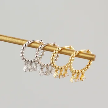 sterling silver material 3 tiny dangle diamond bead gold hoop earrings