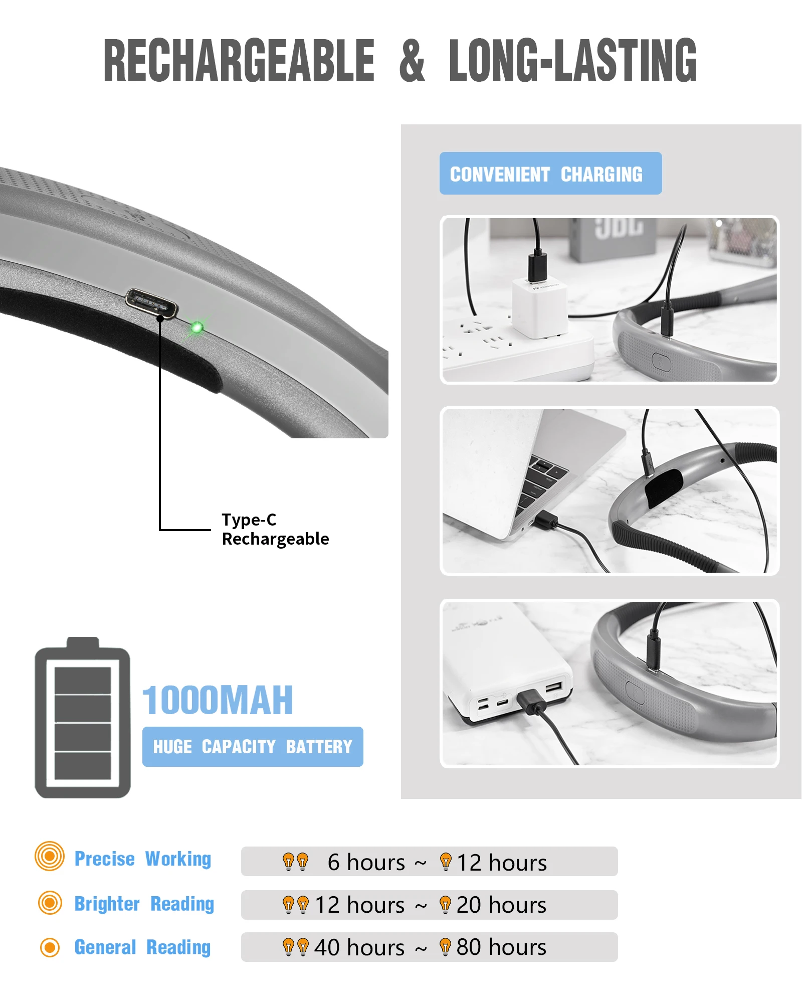 Glocusent Book Light Portable Type-C Rechargeable Long Battery Life Flexible Led Neck Reading Light Book Lamp