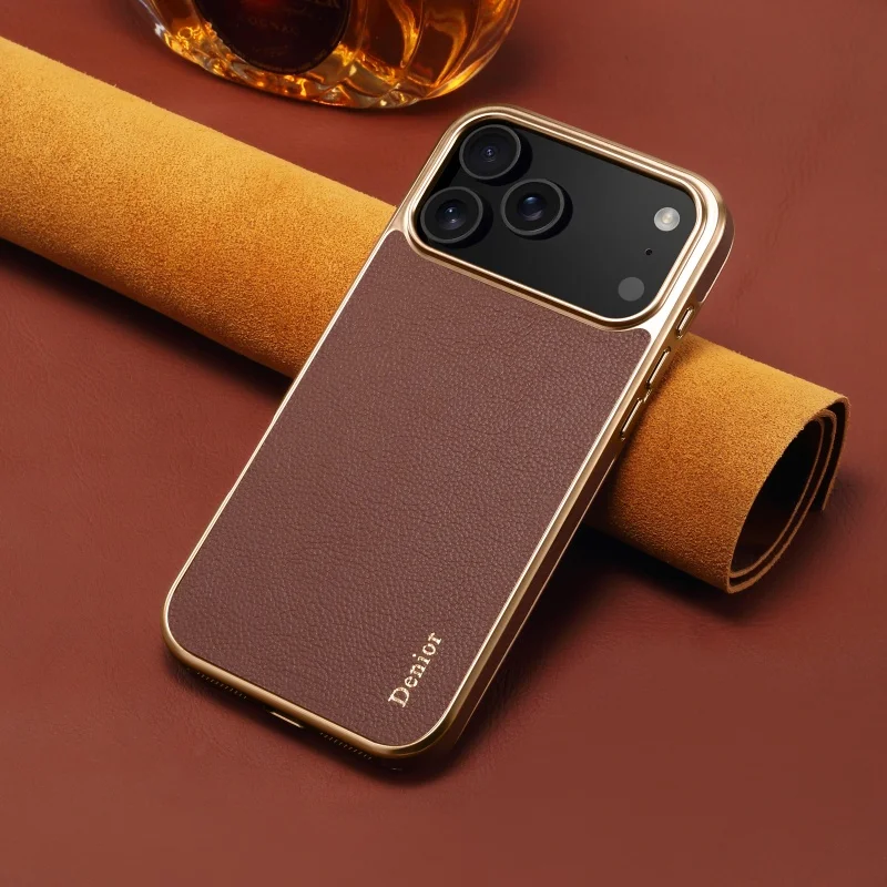 Business Ultra Thin PU Leather Cell Phone Case for iPhone 17 13 14 15 16 Pro Max TPU Soft Plating Frame Shockproof Back Cover