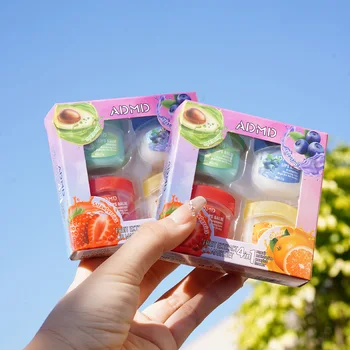 4pcs Organic Fruit Flavor Lip Balm Set Non-Greasy Moisturizing Long-Lasting Lip Care Cream Mask for Autumn Winter Plumper