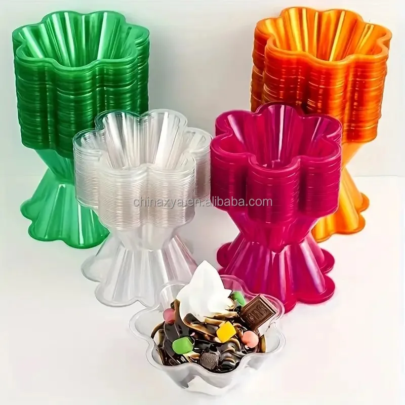 8 Oz Plastic Disposable Ice Cream flower Bowls Plastic Clear Sundae Cups For Yogurt Parfait details