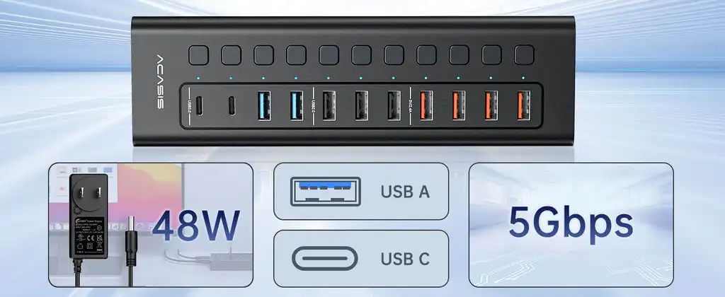 Powered USB Hub - ACASIS 10 Ports 48W USB 3.0 Data Hub - with Individual  OnOff Switches and 12V4A Power Adapter USB Hub 3.0 Splitter for Laptop, PC