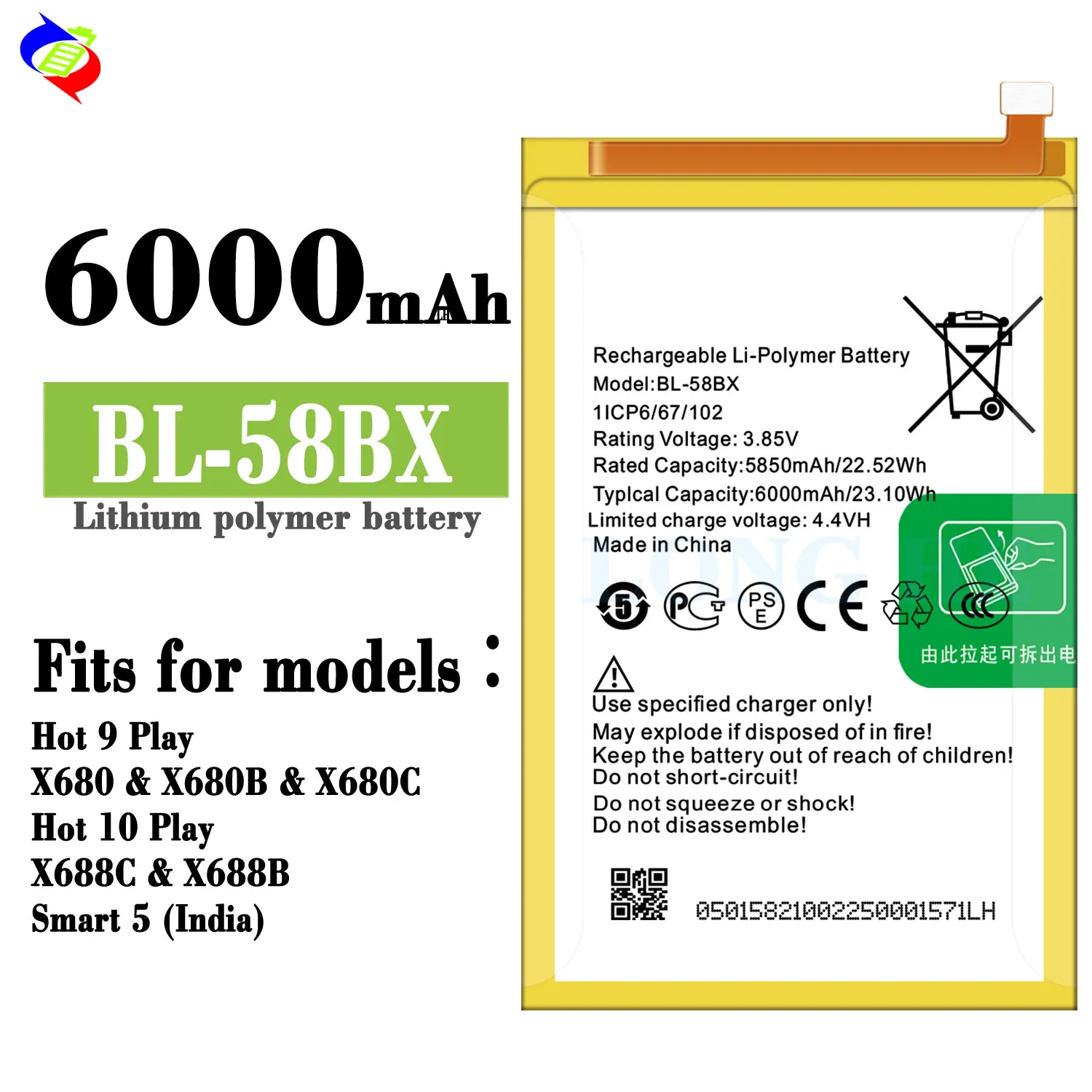6000mAh BL-58BX X680 Mobile Phone Battery for Infinix Hot Play Battery