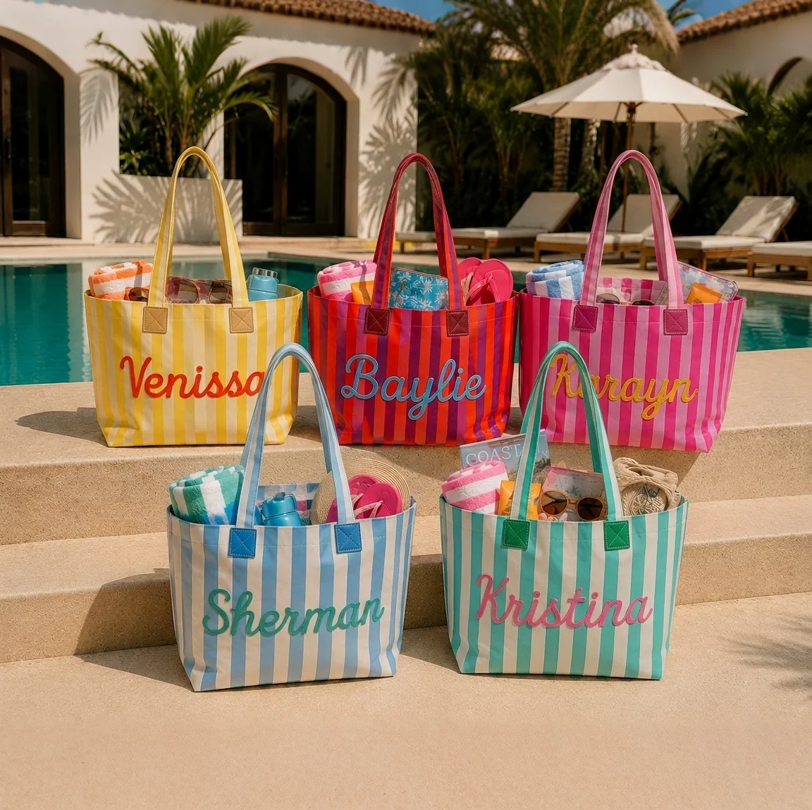 Custom logo Waterproof Large Capacity Women Travel Beach Tote Bag Portable Striped Pattern Clear PVC Coated Shopping Tote Bag