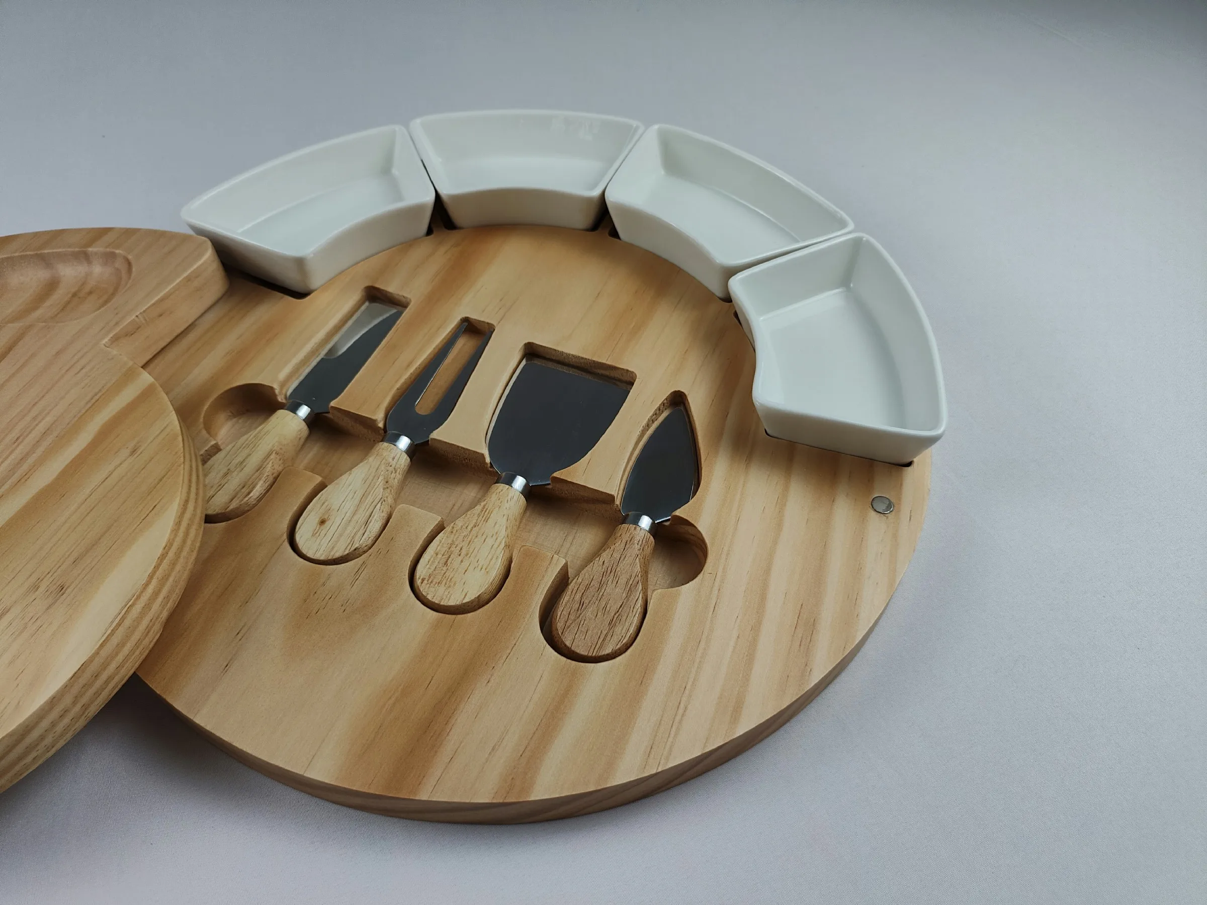 Pine Wood Lazy Susan Food Tray With Ceramic Bowl And Plate Set Buy