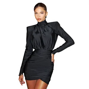 Foreign Trade Autumn Winter New European American Women's Fashion Solid Color High Neck Sexy Long Sleeve Pleated Slim-fit Dress