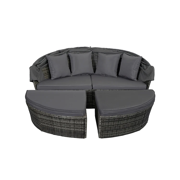 Luxury Round Rattan Sofa Bed Outdoor Furniture With Waterproof Canopy