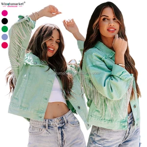Vintage Woman Jacket Mint Green Chain Metal Diamante Tassel Rhinestone Fringe Ripped Distressed Denim Jackets for Women