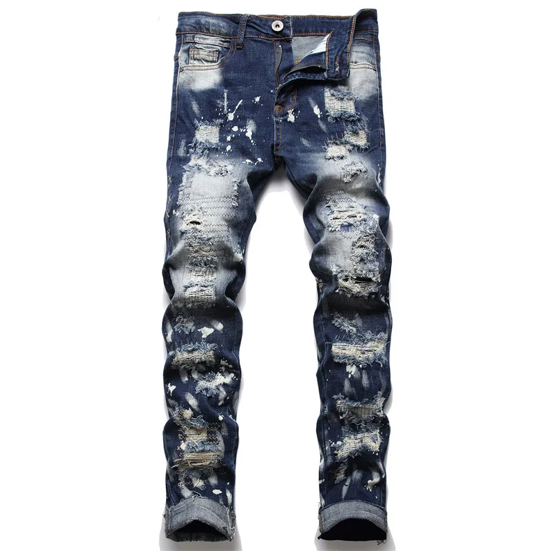 Mens Fringed Jeans Ripped Beggar Blue Stretch Denim Pants – VacationGrabs