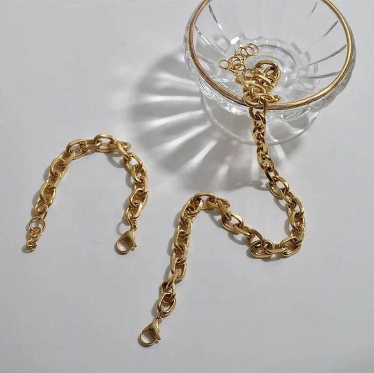 Stylish Vintage Stainless Steel Jewelry Sets Chunky Link Chain 18k Gold