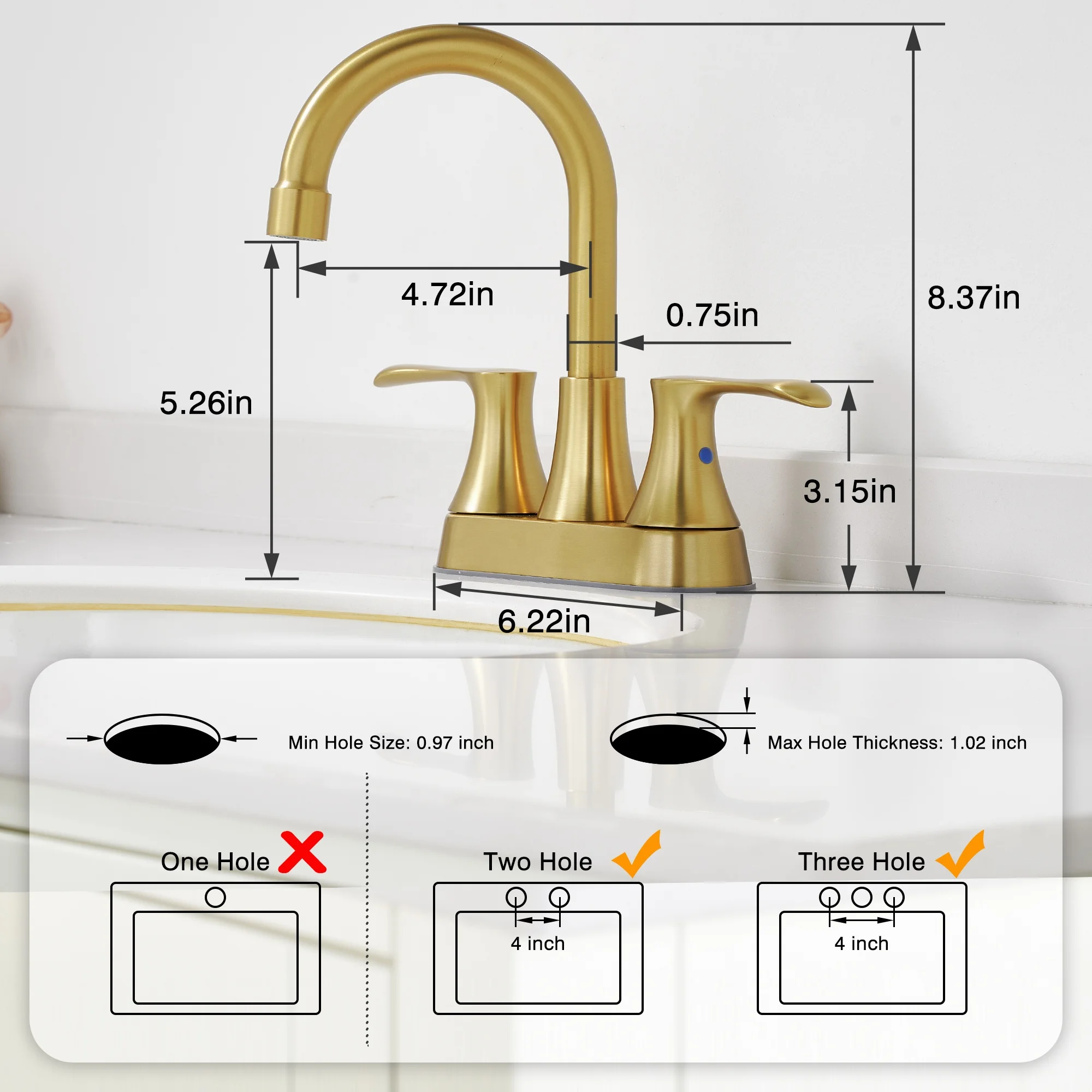 Brushed Gold 4 Inch Centerset Bathroom Faucet Dual Handle High Arc Basin Mixer Tap OEM Laser Logo Wholesale Supply