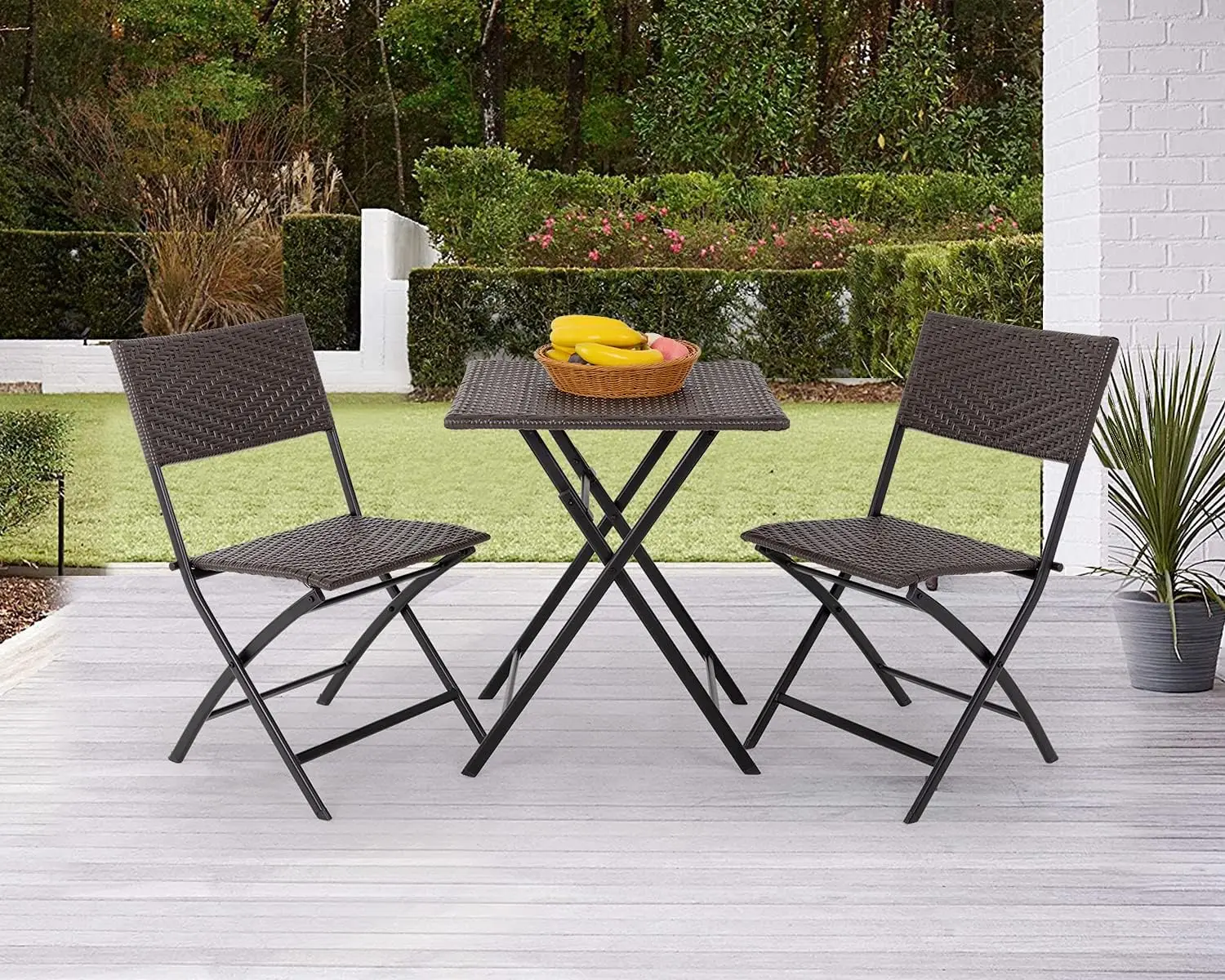 Outdoor Portable Rattan 3pcs Folding Metal Bistro Wicker Table And
