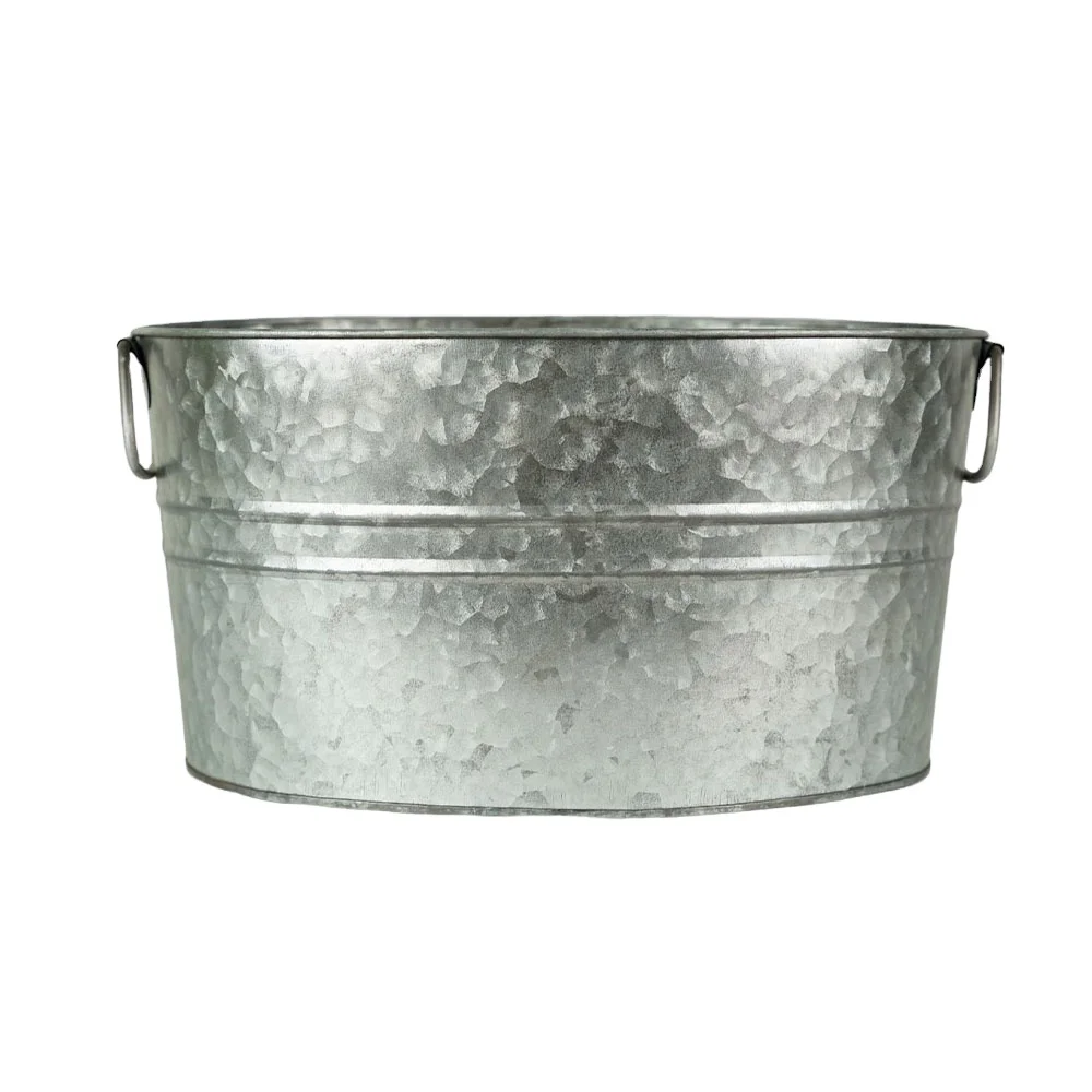 Oval Galvanized Metal Ice Bucket – 25L Cold Drink Cooler Tub, 50x35cm, Silver Zinc Finish