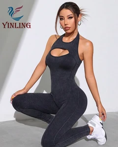 Custom Logo One Piece Fitness Open Back Slim Fit Flare Leg Pants Women Workout Yoga Jumpsuit Rompers for Sports