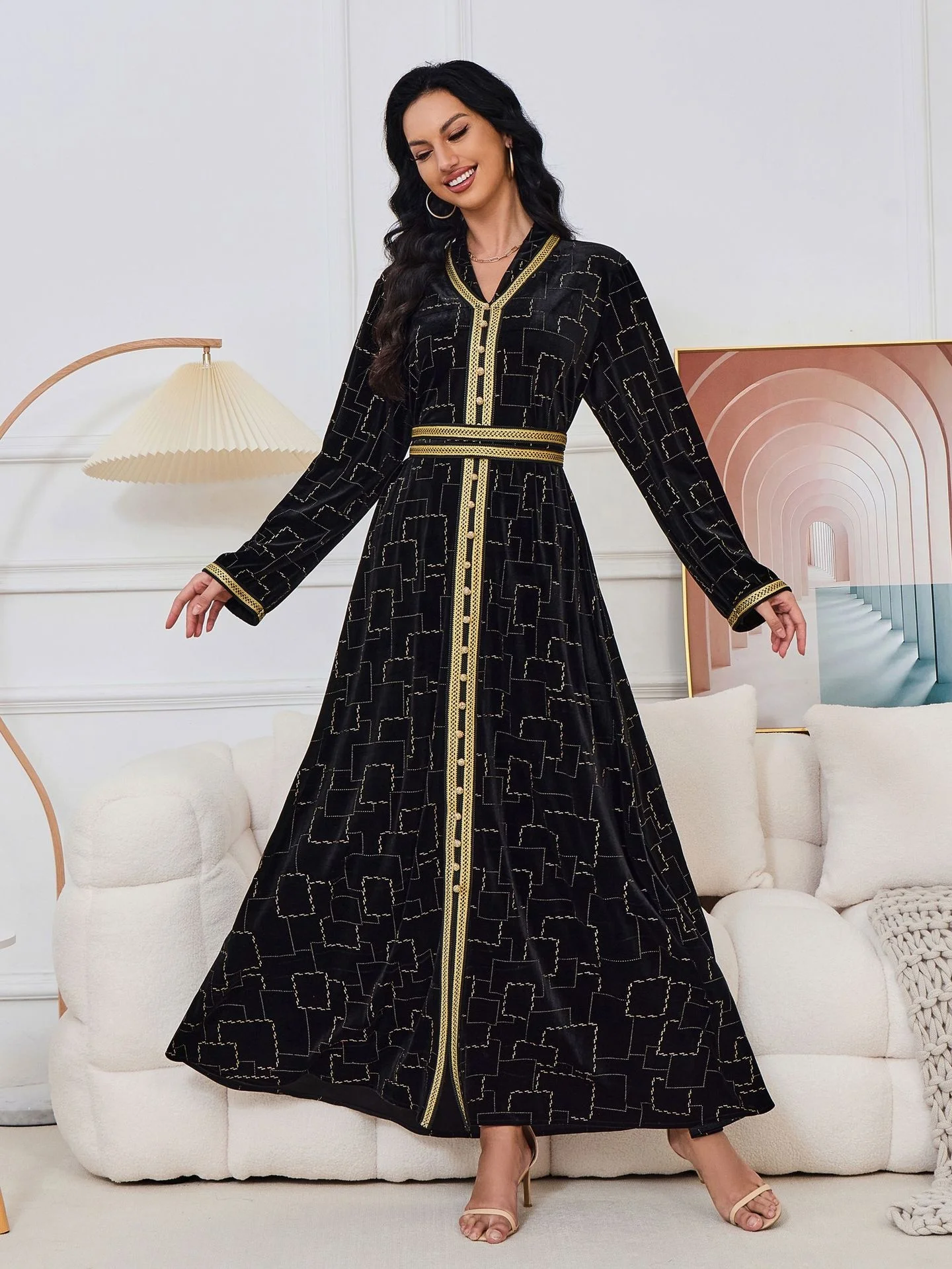 black and gold dashiki dress Knee Length Black Wedding Dress with Gold Underlay and Sash main image 0