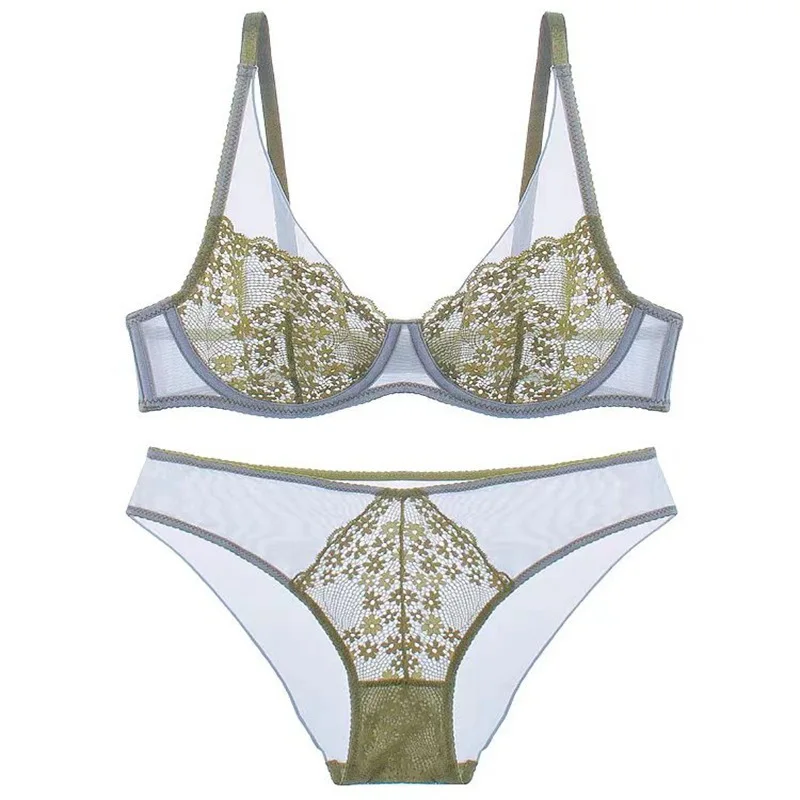 French Retro Color Contrast Ultra-thin Breathable Bra Gathering Lace Underwear Set Women