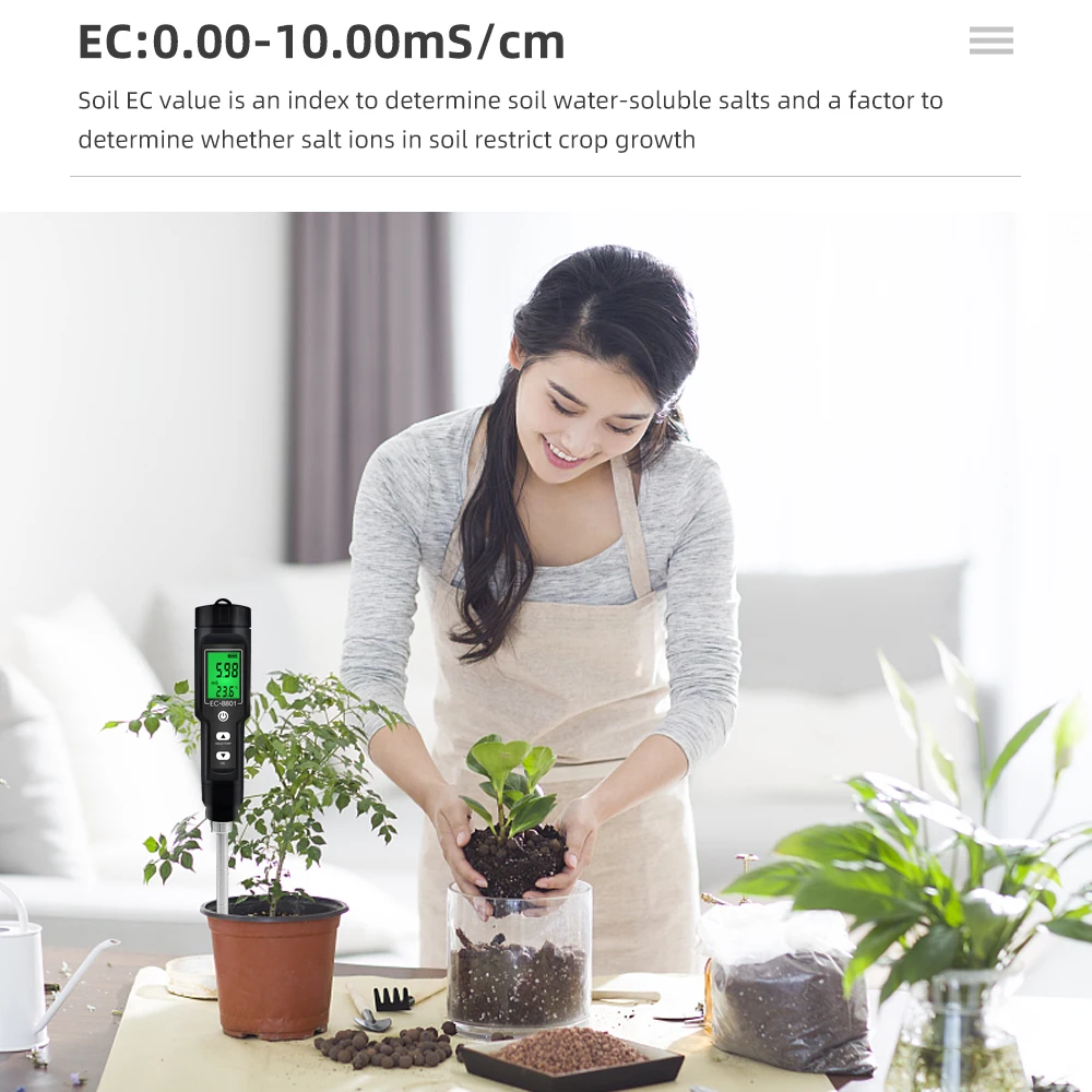 2-in-1 LCD Display EC Temperature and Soil Moisture Meter