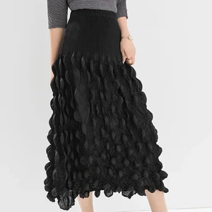 Women's Elegant A-Line Skirt Fashionable Pleated Design With Handmade Bubble Pleats Solid Color High Quality Elastic Fabric