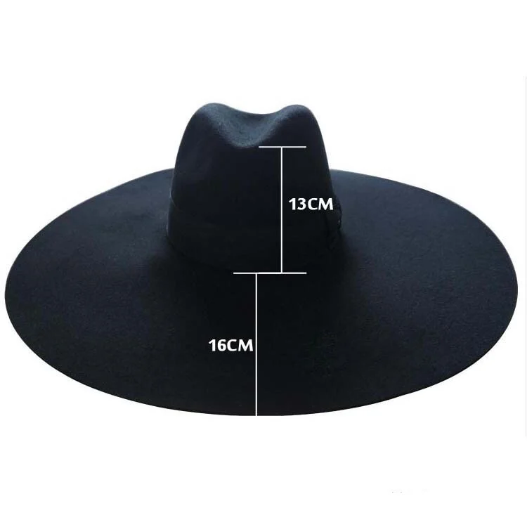 Wool Felt Fashion Oversized Big Brim Black Stiff Floppy 16CM Wide