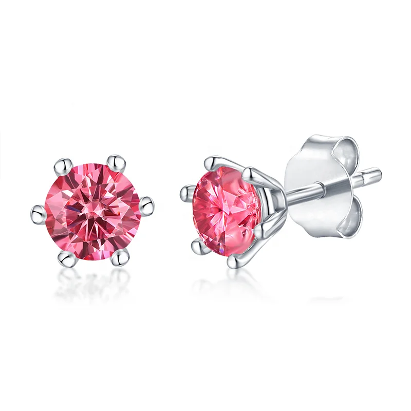 HMOIS fashion earrings six claws women stud silver 0.5ct round gems pink moissanite stud earrings