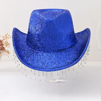 8933 Blue Cowboy Hat With Fringe, Fringe Hat For Women- Glitter Cowboy Hat Funcredible Blue Light Up Cowboy Hat and Glasses - Sparkly  main image 4